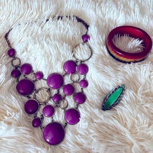 3 Piece Bundle of Jewelry.  Green Ring. Purple Necklace. Multi Color Bracelet.